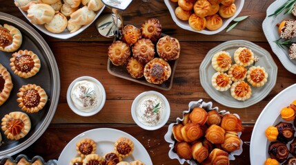 Fototapeta premium A table spread with a variety of finger foods such as mini pumpkin tarts and apple cider donuts.