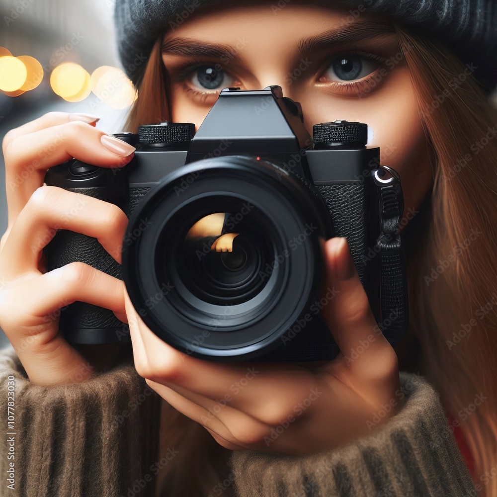 Poster close up of a person with a camera capturing the world through t