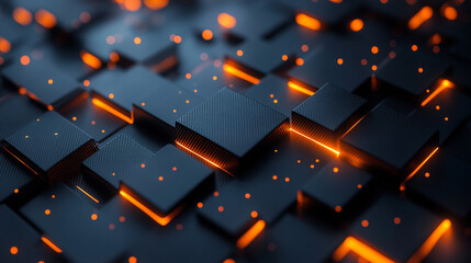 Close-up of black grid blocks with glowing orange light, creating a modern and futuristic tech vibe.