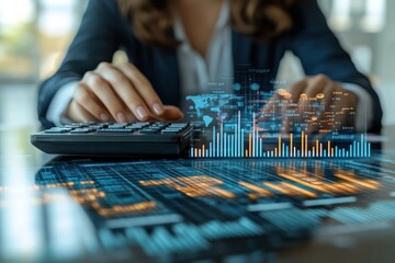 Fototapeta premium Woman Using Calculator with Holographic Financial Data Overlay