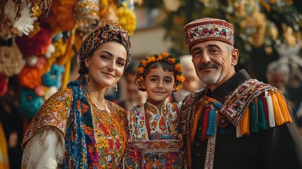 Fototapeta premium Family in Traditional Clothing at Bright Festival Celebration