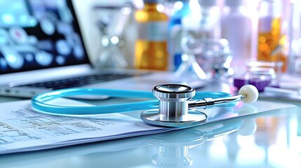 Stethoscope on a Table with Medical Papers and Blurred Bottles in Background