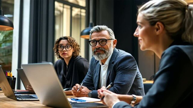 Three people are sitting at a table with a laptop in front of them