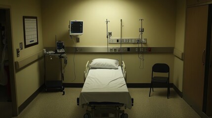 A dimly lit hospital room featuring a bed, chair, and medical equipment.