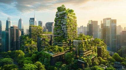 Green Skyscrapers and Urban Greenery at Sunset