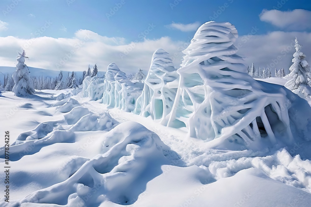 Poster creating connected snow structures resembling trains