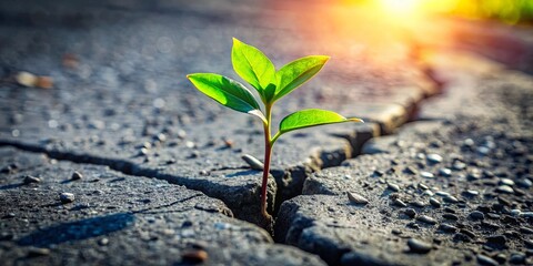A small green sprout reaching towards the sunlight, pushing through the cracks in the hardened ground, symbolizing resilience and hope.