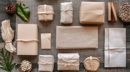 Rustic and Natural Gifts Wrapped in Brown Paper, Fabric, and Twine