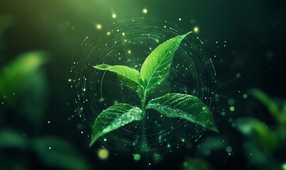 A young plant sprout surrounded by a digital, holographic, glowing circle.