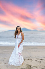 bride dressed in white on the beach, new year, wedding