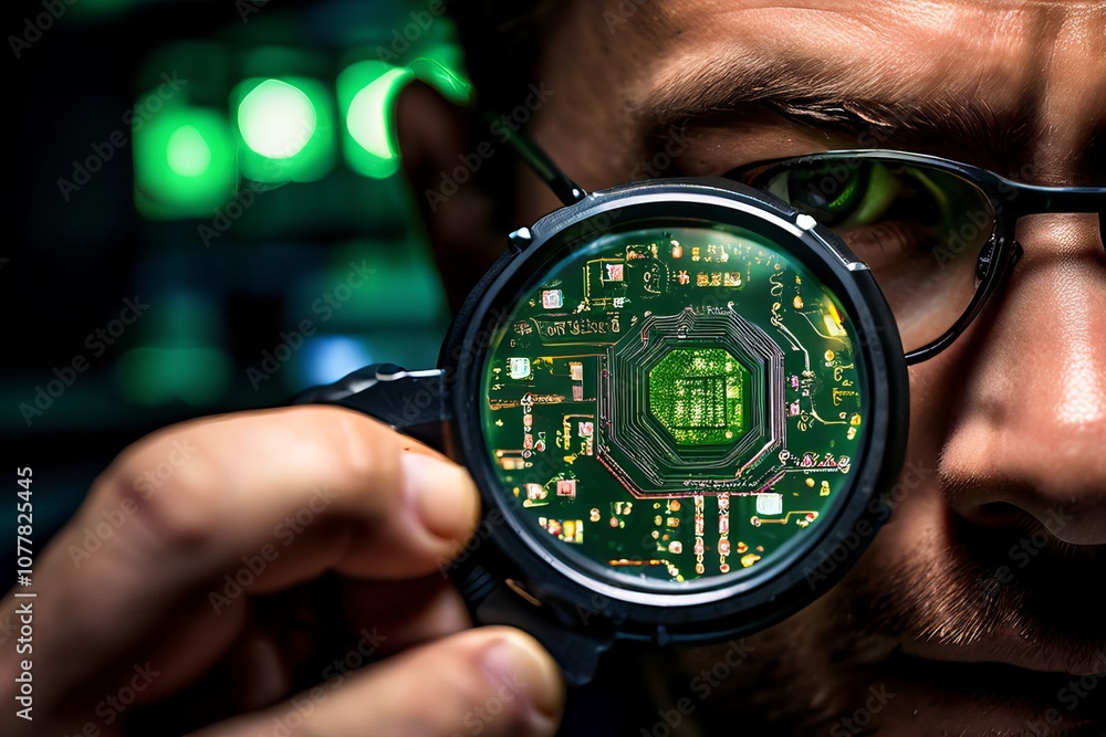 Poster ecting a circuit board a close up of an engineers face as they i