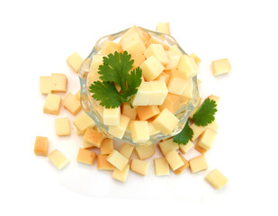 Cubes of cheddar cheese isolated on white