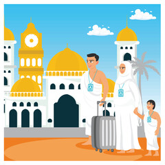 Muslim families wearing ihram clothes while carrying suitcases. Muslims perform the Hajj pilgrimage. Islamic Hajj Pilgrimage concept. Flat vector illustration.