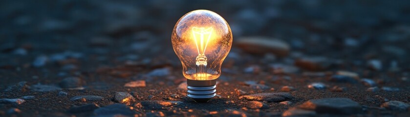 A glowing light bulb sits on a textured surface, symbolizing ideas and innovation.