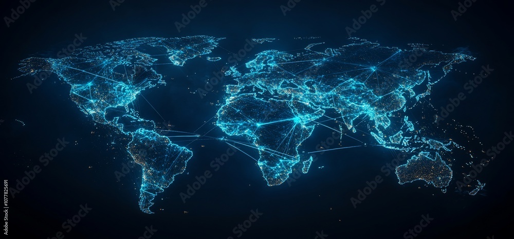 Poster Abstract glowing digital world map with connecting lines.