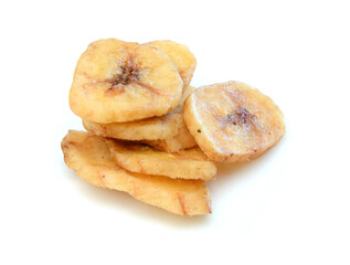 Banana chips on white background