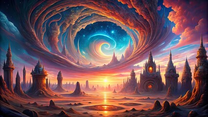 Obraz premium A celestial tapestry unfolds above a desolate yet breathtaking landscape, where ancient spires rise from the earth, their towers reaching towards a swirling vortex of color and light.