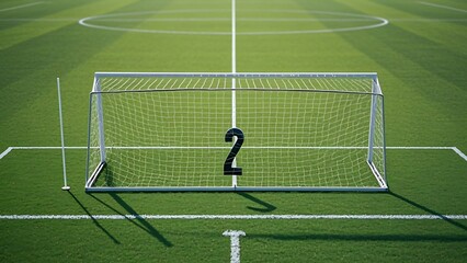 A soccer field with a penalty spot and the goal net - A detailed illustration showing the penalty spot in front of an empty goal, with the net slightly swaying, and the surrounding pitch