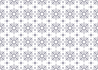 outline dark blue symbol floral on White background, ethnic fabric seamless pattern, design for cloth, carpet, batik, wallpaper, wrapping etc.