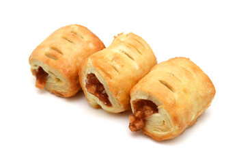 Sweet braided puff pastry isolated or pate feuilletee on white background top view. Fresh phyllo pastry with jam inside close up - Image