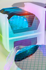 Silicon Wafers in white plastic holder box used in electronics for the fabrication of integrated