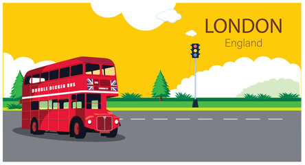 London double decker bus with city landscape background and silhouettes of vector illustration © Artstory