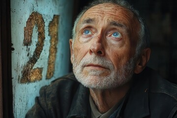 collage portrait of an old middleaged man gazing upward with hope for a bright future capturing the essence of dreams and aspirations through an evocative and poignant lens