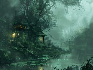 Enchanted Forest Cabin: A Mystical Landscape with Foggy Lake and Ancient Trees