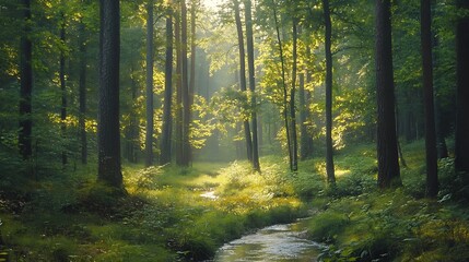 Obraz premium Sunbeams illuminate a lush forest path with a stream flowing through it.