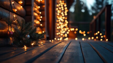 Christmas Lights and Decorations on a Wooden Deck