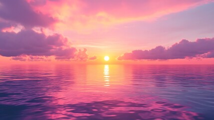 Obraz premium Pink and orange sunset over the ocean with clouds reflecting in the water.