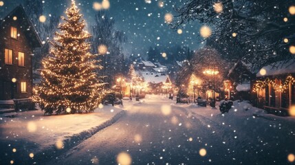 Snowy Christmas Village Street with Decorated Tree and String Lights