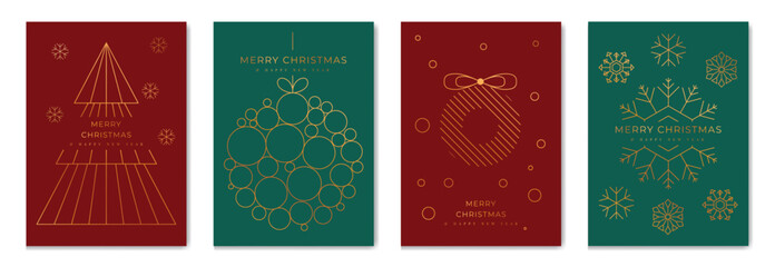 Luxury christmas invitation card art deco design vector. Christmas tree, bauble, wreath, snowflake on red and green background. Design illustration for season's greeting poster, cover.