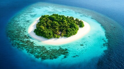 Aerial view of a tropical island with white sand beach surrounded by turquoise water and lush vegetation.