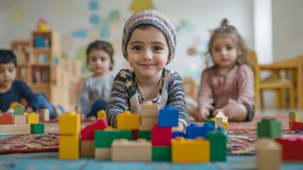 Young Girl Playing with Colorful Blocks in a Preschool Classroom