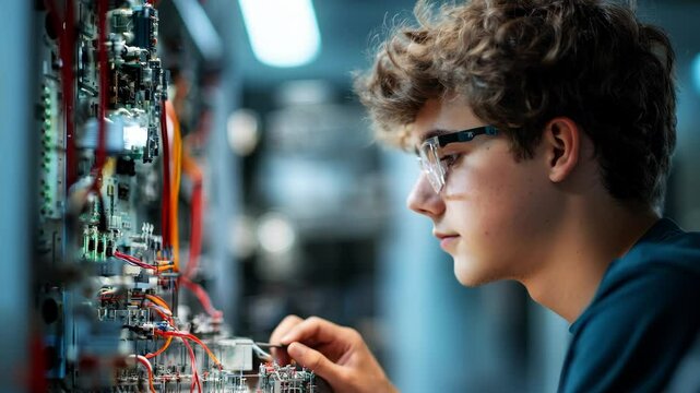 Young Technician Engaged in Wiring Connections in a Modern Laboratory Setting for Educational Purposes and Skill Development Focused on Electronics