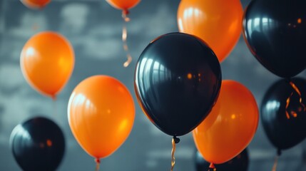 Orange and Black Balloons Floating Against a Cloudy Sky