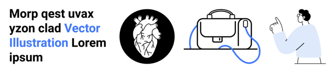 Human heart in black circle, business briefcase with blue strap, and male character pointing. Ideal for healthcare, business, education, websites, presentations, promotions, social media. Landing