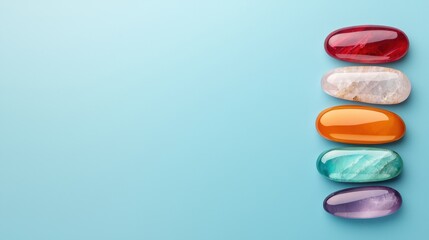 Colorful polished gemstones arranged in a line on a soft blue background, showcasing their vibrant hues and smooth surfaces