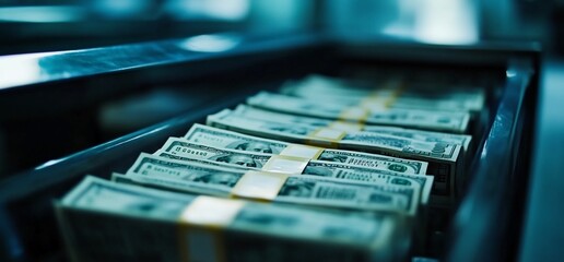 Close up of a drawer with stacks of hundred dollar bills, cash money.