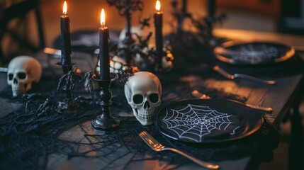Halloween Table Setting with Candles, Skulls, and Spiderwebs