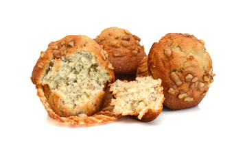 An espresso banana nut muffin isolated on pure white background