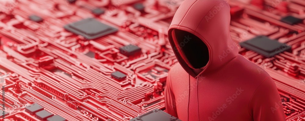 Poster a mysterious figure in a red hooded cloak stands against a backdrop of intricate red circuit pattern