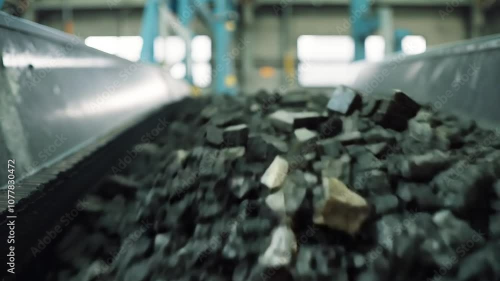 Poster close up of coal moving on a conveyor belt for loading in the factory generative ai