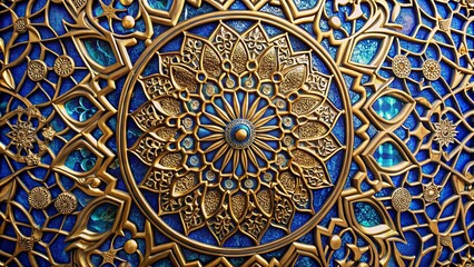 Obraz premium A Golden Intricate Floral Pattern Embedded in a Deep Blue Mosaic Background