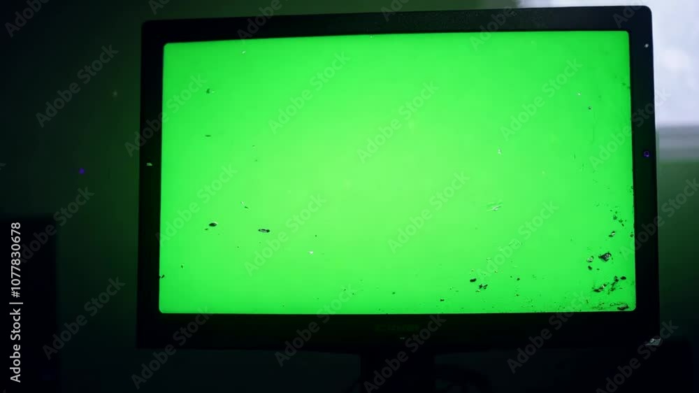 Poster close-up of a computer monitor displaying a vibrant green screen generative ai