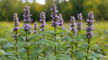 Obraz premium Purple-flowered Mint Plants in a Green Field