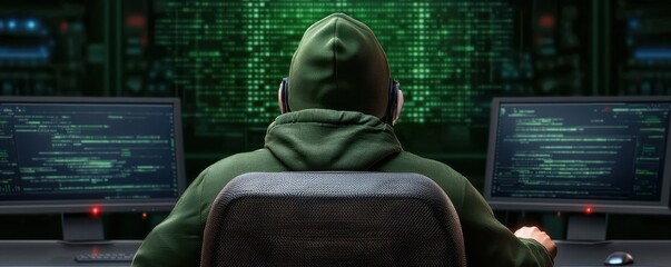 A hooded figure sits in front of dual monitors displaying code and green digital patterns, creating a mysterious hacker aesthetic.