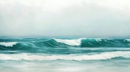 Naklejka premium A wide shot of teal ocean waves crashing against a sandy beach with a cloudy sky.