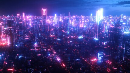 Obraz premium A vibrant, futuristic cityscape illuminated by neon lights and towering structures.